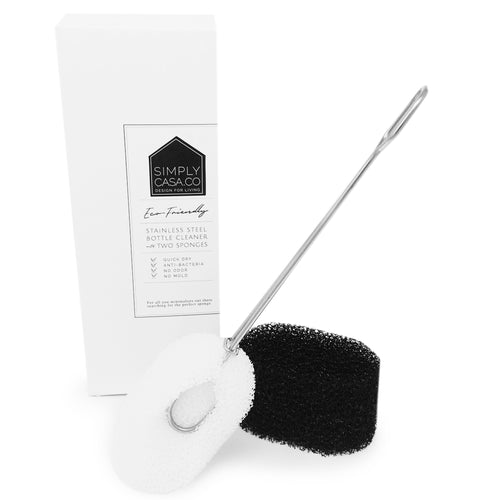 SIMPLYCASA Bottle & Glass Cup Sponge Cleaner, Stainless Steel Handle with 2 Refill Black & White Sponges